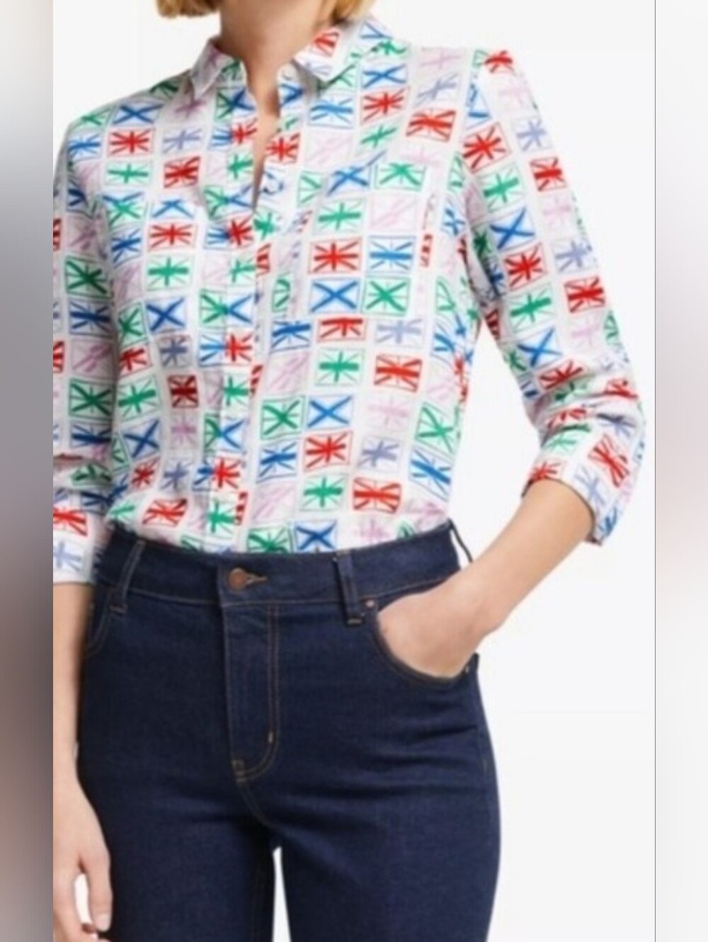 Boden Womens Union Jack Flag Print  Linen‎ Button Down Shirt Multi Color Size 6
